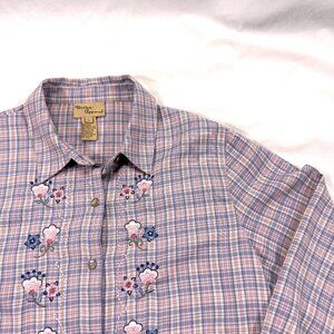 VINTAGE United Apparel Women's Flannel Shirt Large Pink & Blue Plaid Embroidered